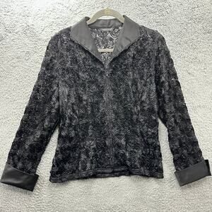 Samuel Dong Women's Medium Sheer Zip Black Jacket Floral Textured Art To Wear